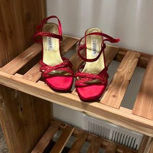Red sequin strap heels